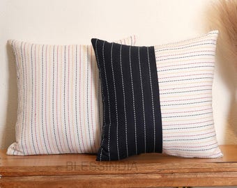Set of 2 Striped Cotton Linen Cushion Covers Boho Farmhouse Throw Pillows for Sofa Decor