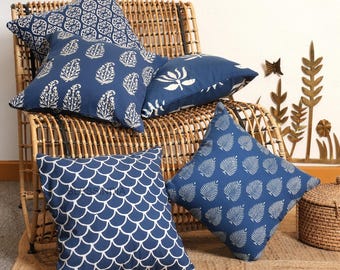 Set of 2 Hand Block Printed Cotton Indigo Blue Cushion Cover Boho Farmhouse Decor Handmade Throw Pillows
