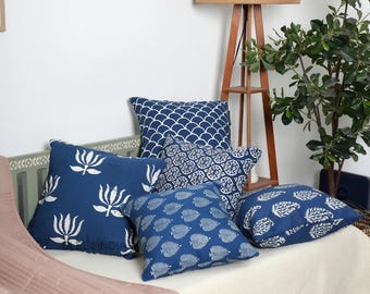 Hand Block Printed Indigo Blue Cushion Cover Double Sided Floral Cotton Boho Farmhouse Decor Pillow