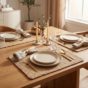 May include: A dining table set for four with beige plates, gold-colored cutlery, and woven placemats. Linen napkins are held by gold rings. Tall candles and clear glasses complete the elegant table setting.