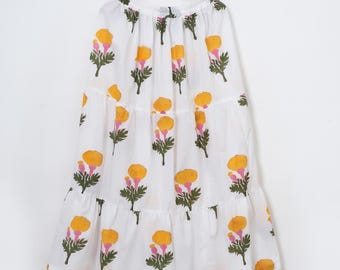 Flowy Floral Maxi Skirt for Women Hand Block Printed Cotton Boho Wear Elastic Waist Summer Skirt