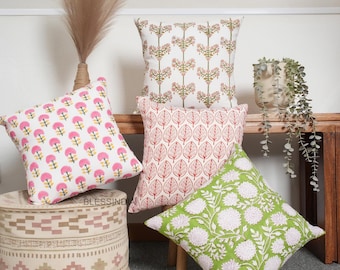 Set of 2 Hand Block Printed Cotton Cushion Cover Boho Farmhouse Decor Handmade Floral Throw Pillows