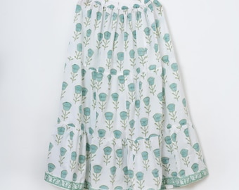 Flowy Floral Maxi Skirt for Women Hand Block Printed Cotton Boho Wear Elastic Waist Summer Skirt