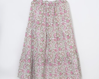 Floral Hand Block Printed Skirt for Women Boho Cotton Summer Long Maxi Skirt Elastic Waist Gypsy Festival Skirt