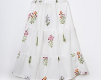 Cotton Boho Long Skirt Hand Block Printed Floral Maxi Skirt for Women Elastic Waist Summer Flowy Gypsy Skirt