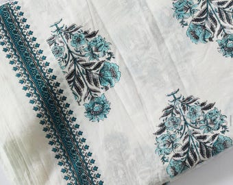 Floral Hand Block Printed Cotton Fabric with Border by the Yard – Soft Fabric for Sewing, Dressmaking, Quilting & Craft Fabric