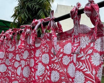 Handbedrukte katoenen gordijnen Set van 2 boho-bloemenpanelen voor woonkamer en slaapkamer