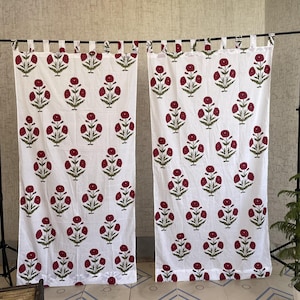Boho Floral Cotton Curtain Panel Set: Block Print Window Drapes