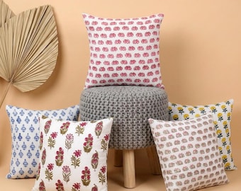 Set of 2 Hand Block Printed Cotton Cushion Cover, Boho Farmhouse Floral Handmade Throw Pillows Cases