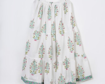Cotton Boho Long Skirt Hand Block Printed Floral Maxi Skirt for Women Elastic Waist Summer Flowy Gypsy Wrap Skirt
