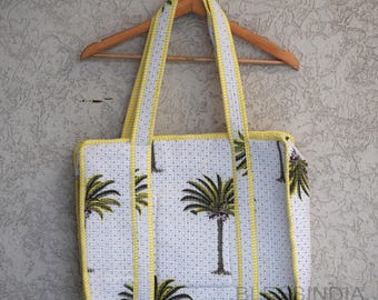 Quilted Cotton Tote Bag with Zip Closure & Inner Pocket Handmade Block Printed Carry Bag Stylish Everyday Travel Tote