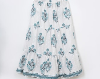 Flowy Floral Maxi Skirt for Women Hand Block Printed Cotton Boho Wear Elastic Waist Summer Wrap Skirt