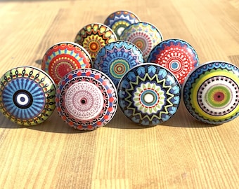 Mandala Multicolor Hand Painted Ceramic Drawer Pull Knobs Vintage Cabinet knobs Perfect for Kitchen/Wardrobe , Boho Décor, Antique Door