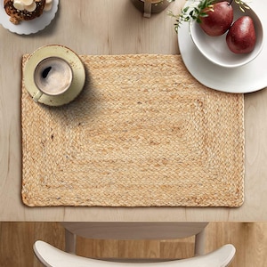 Rustic Natural Jute Hand Braided Rectangle Placemats, Heat Resistant Bohemian Sets for Dining Table  Plate Mats 12x17 Inches Beige
