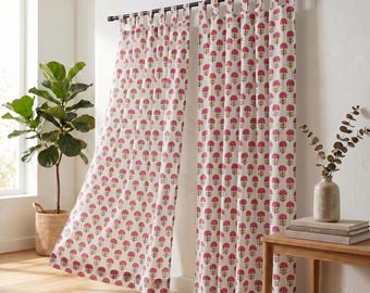 Katoenen handgeblokte boho-gordijnen – set van 2 panelen, gedrapeerde bloemenprint, boerderijraamdecoratie, woonkamerdecoratie