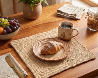 May include: A breakfast setting on a wooden table, featuring a braided jute placemat, a plate with a croissant, and a coffee mug. A bowl of grapes and a jar of granola are also present, along with a fern in a terracotta pot.