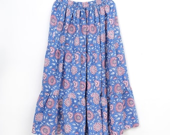 Cotton Boho Long Skirt Hand Block Printed Floral Maxi Skirt for Women Elastic Waist Summer Flowy Gypsy Skirt
