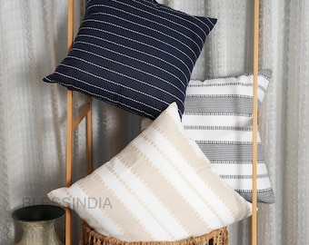 Set of 2 Striped Cotton Linen Cushion Cover Double Sided Boho Farmhouse Pillow for Sofa, Bed & Living Room Decor