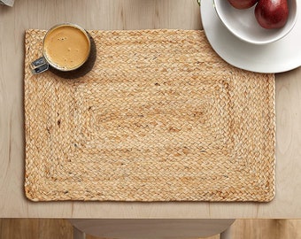 Tapetes de mesa trenzados de yute rectangulares hechos a mano naturales rústicos, decoración de mesa de comedor Boho resistente al calor, 12x17 pulgadas, color beige