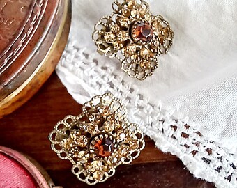 Vintage signed Avon crystal filigree earrings, antique gold rhinestone studs, square with faux topaz crystal posts, everyday casual jewelry