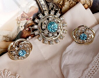 Vintage Rhinestone Brooch and Earrings Set, 1950s Crystal Jewelry