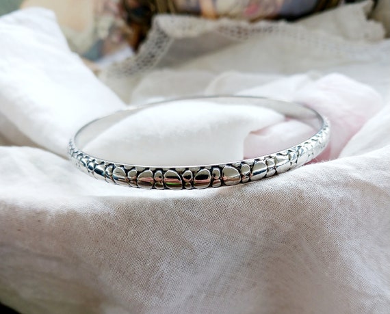 Vintage Monet Silver Bangle Bracelet, Snakeskin P… - image 1