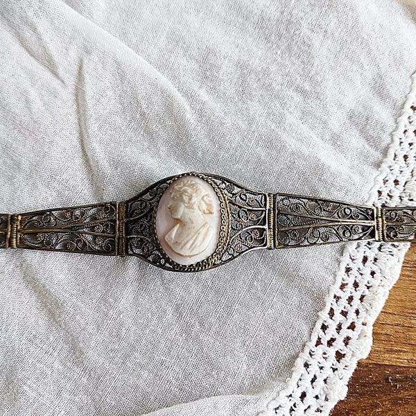 Antique rare left facing cameo bracelet, pink shell in brass filigree, vintage authentic Edwardian Victorian hand-carved steampunk jewelry