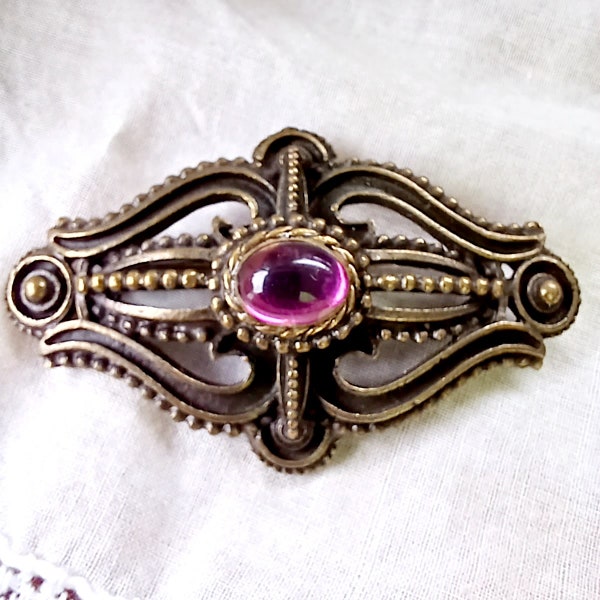 Victorian revival dark brooch purple center stone pin edwardian steampunk style jewelry antique look faux amethyst pretty elegant ornate fun