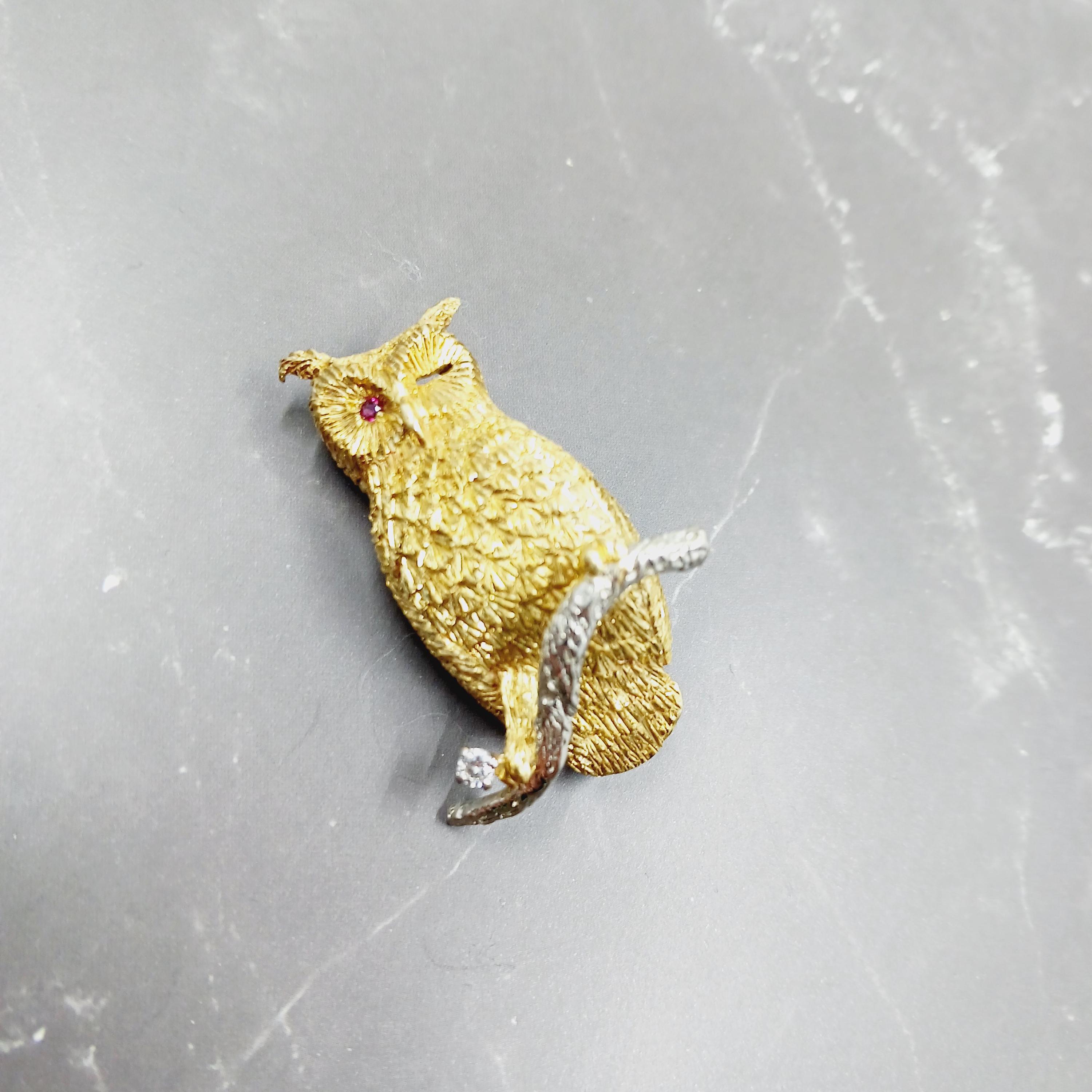 Vintage 18k Gold Owl Brooch, Ross Simons Ruby Diamond Bird Pin