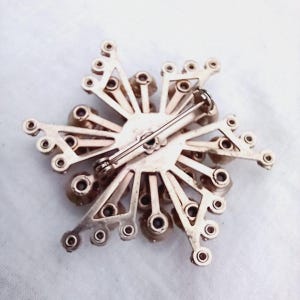 K&ouml;nnte beinhalten: Die R&uuml;ckseite einer silberfarbenen Brosche mit einem Sternburst-Design. Die Brosche ist mit klaren Strasssteinen verziert und hat eine Nadel und einen Sicherheitsverschluss.