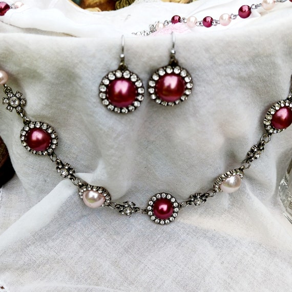 Vintage rose white faux pearl parure pink cabocho… - image 3