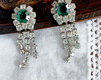 Vintage Strass Wasserfall Ohrringe, grüne Kristall Glam Ohrhänger