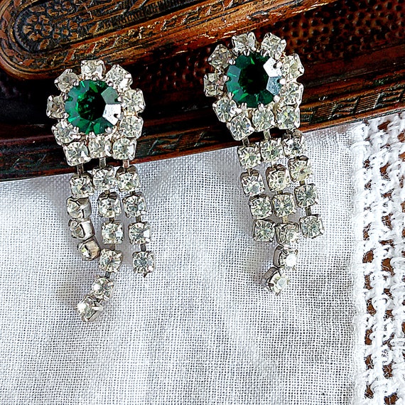 Glam rhinestone earrings, vintage waterfall dangl… - image 1