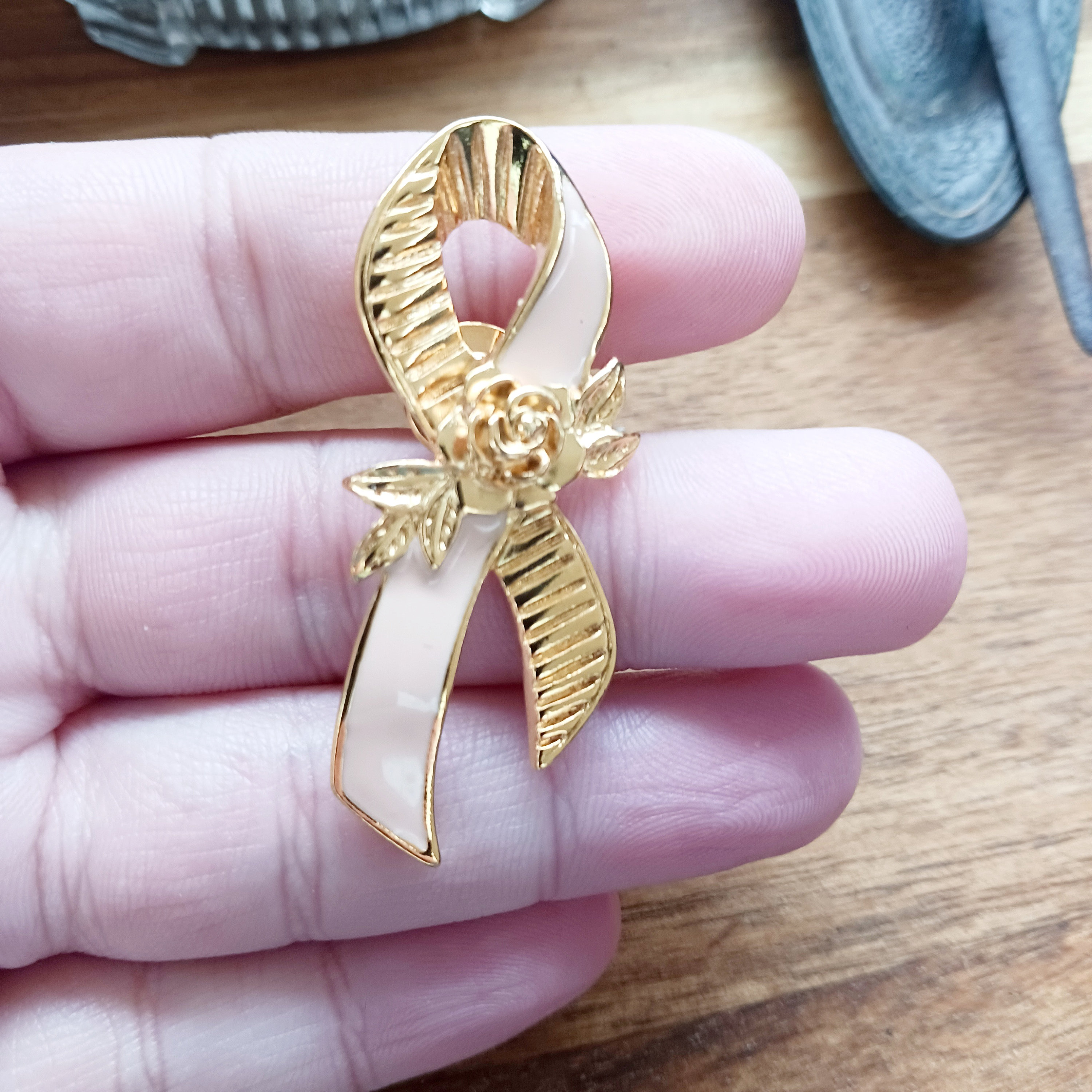 Vintage Avon Pink Ribbon Brooch, Gold Floral Accent - Etsy