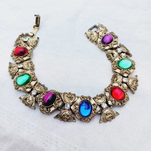 Etruscan revival multicolor bracelet vintage mogul rainbow 7.5 inch gold tone jewelry beautiful chunky intricate wide chain gift for women