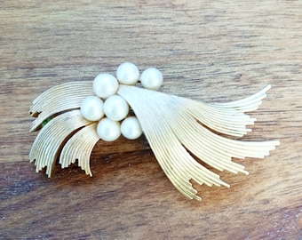 Vintage Crown Trifari Brooch, Gold Feathered Faux Pearl Pin