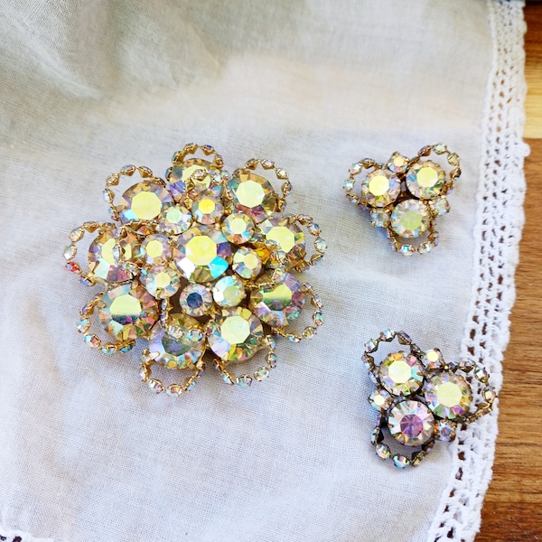 Grande broche flashy AB avec deux petites épingles vintage Juliana aurora borealis bijoux mère-fille cadeau irisé magnifique rond brillant