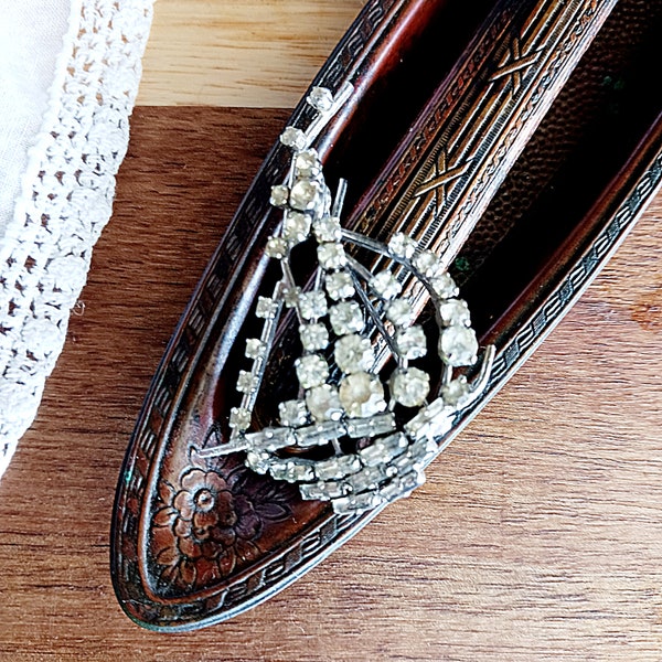Vintage signed Ledo sailboat brooch, clear rhinestone 60s polcini jewelry, wire constructed figural crystal pin, ship navy designer clip
