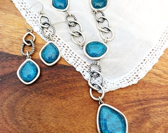 Vintage Avon Blue Cabochon Necklace and Earrings Set, Silver Parure