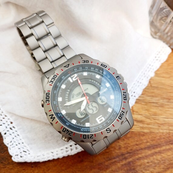 Vintage Stauer Men s Watch Hybrid Digital Analog Display Gray Face Indiglo Masculine Titanium Large Alarm Water Resistant Massive Gift 19859 Etsy UK