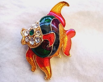 Vintage Cloisonne Fish Brooch, Rhinestone Tropical Jewelry