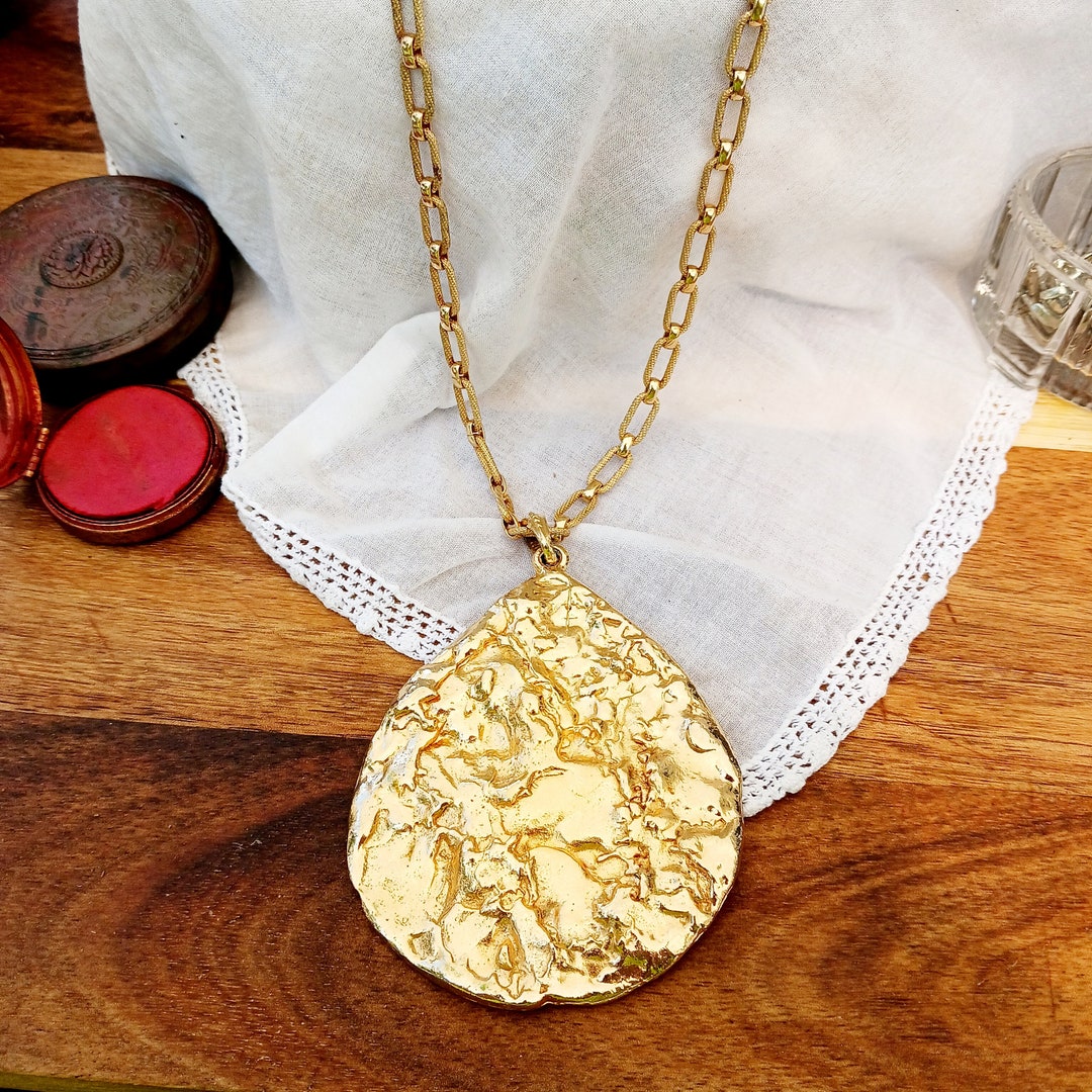 Vintage Huge Brutalist Teardrop Necklace, Gold Tone Molten Texture With