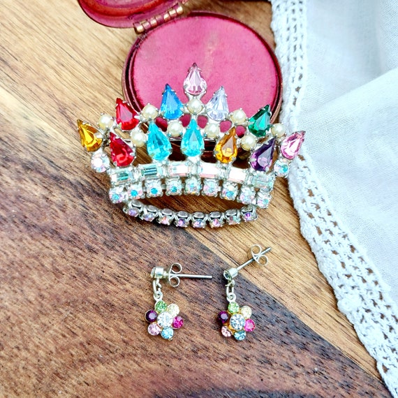 Vintage family crown brooch earrings,multicolor r… - image 2