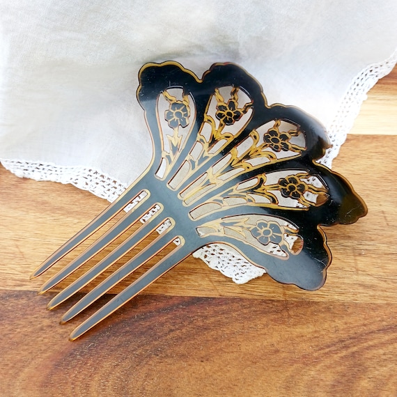 Antique Victorian hair comb scalloped carved Cell… - image 8