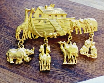 Vintage JJ Noah's Ark Brooch: Gold Tone Religious Animal Pin