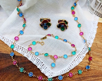 Vintage Swarovski Crystal Jewelry Set: Multicolor Rhinestone Necklace, Bracelet, Earrings