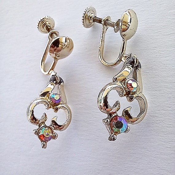 Vintage aurora borealis and silver tone drop earr… - image 5