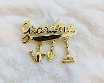 Vintage Grandma Garden Brooch, Gold Tone Watering Can, Trowel Charms