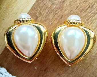 Vintage Joan Rivers Faux Perle Herz Ohrclips, Gold Ton