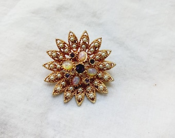 Vintage Rosa Opal Brosche: Faux Samenperle & Strass Blume Anstecknadel